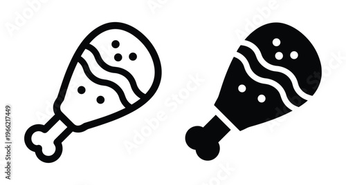 Fried chicken drumstick icon set with outline and solid silhouette styles for restaurant menu food delivery and cooking apps