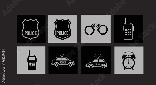 Collection of police-related icons including badges, handcuffs, walkie-talkies, patrol car, and alarm clock