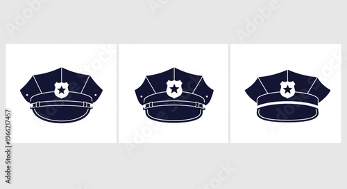 Law enforcement officer's cap depicted in three distinct navy blue variations, symbolizing authority and public service