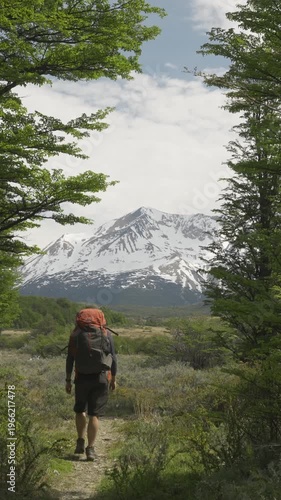 Hiker with a large backpack walking through a forest opening toward a snow-capped mountain peak in nature