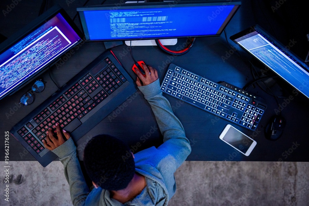 Naklejka premium Gamer setup with multiple screens