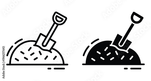 Shovel stuck in a pile of soil or sand icon set with outline and solid black versions for construction work