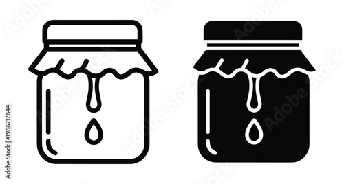 Honey jar icon set with dripping liquid and cloth lid cover for food packaging design organic sweet nectar product symbol