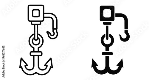 Industrial crane hook lifting heavy anchor icon set with pulley system for maritime shipping logistics construction and heavy machinery equipment