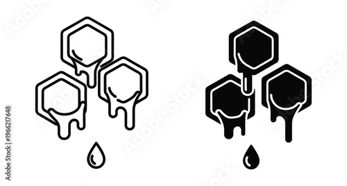 Honeycomb icons with dripping honey drops in outline and solid black styles for food packaging organic product design and branding