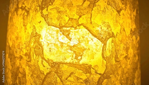 Primo piano di una lampada in onice illuminata, texture calda e traslucida con sfumature dorate intense.