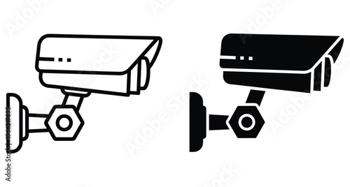Security camera icons for surveillance monitoring safety protection and digital video recording systems in outline and solid black security camera icons