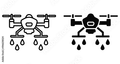 Agricultural drone icon set showing smart farming technology for spraying pesticides or water on crops in outline and solid styles