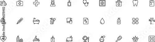 medical healthcare line icon set with ambulance doctor stethoscope prescription hygiene therapy and hospital treatment symbols isolated on transparent background