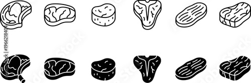 meat steak butcher cuts line icon set with beef pork lamb chop rib and raw meat pieces for grill barbecue and cooking isolated on transparent background