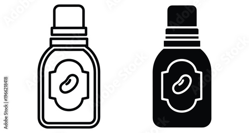 Bean sauce bottle icon set with outline and solid black versions for food packaging design and kitchen product labeling