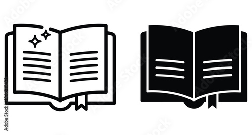 Open book icons set with bookmark and magic sparkles in line and solid style for education and reading design