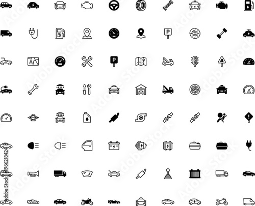 automotive car transport and vehicle service line icon set with engine wheel battery fuel charging repair parking navigation and traffic symbols isolated on transparent background