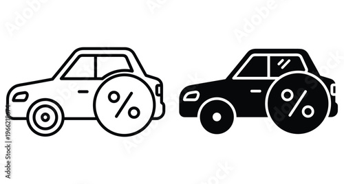 Car loan interest rate icon set showing vehicle with percentage symbol for automotive sales discount and finance credit offer marketing
