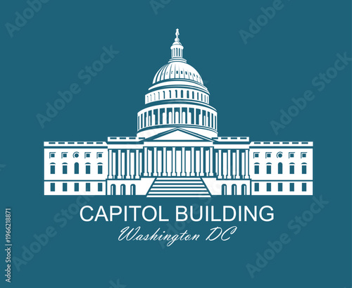 United States Capitol building icon in Washington DC isolated on blue background