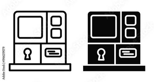 Vending machine kiosk icon set with screen buttons and lock symbol for retail payment service automated terminal interface design elements