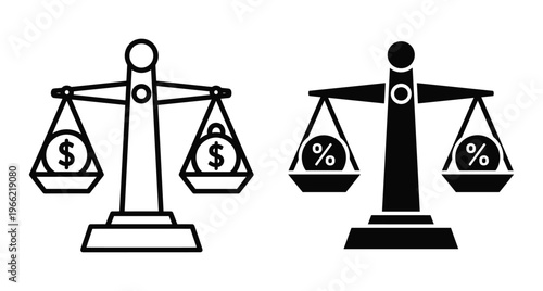 Financial balance scale icons showing dollar currency and percentage interest rates for banking investment tax and economic justice comparison concepts