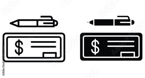 Bank check and pen icons for financial transactions payment processing signature banking services and set of bank check and pen