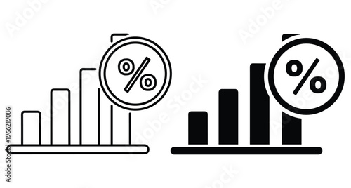 Bar chart icon set showing financial growth and interest rate percentage symbol for business data analysis and economic statistics reporting