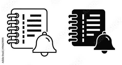 Spiral notebook with notification bell icon set for reminder task management schedule organizer planner agenda list alert message app interface