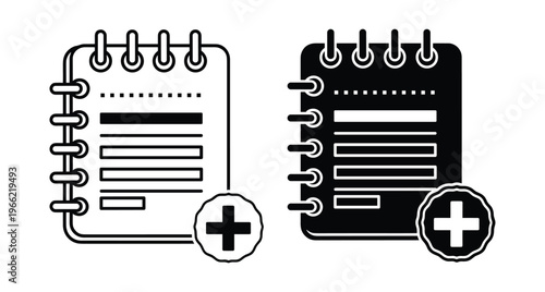Notebook icon set with plus sign for adding new notes tasks or documents in outline and solid black styles for interface design