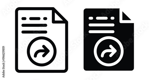 Document share icon set with outline and solid styles featuring a curved arrow for forwarding files digital data transfer communication interface