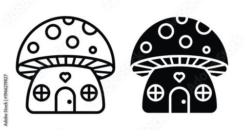 Mushroom house icon set featuring cute fairy tale toadstool cottage with heart door and windows in outline and silhouette styles