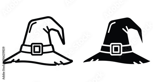 Witch hat icon set featuring outline and solid silhouette styles for Halloween party decorations spooky magic and wizard costume designs
