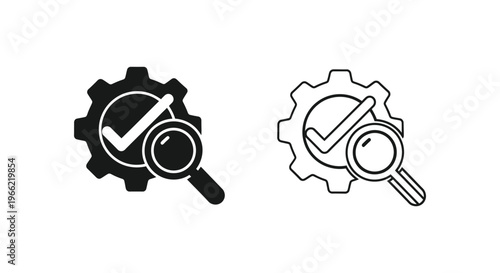 black and white icons of magnifying glass and gear with checkmark Vector