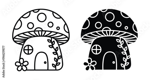 Mushroom house icon set with outline and solid black versions featuring fairy tale cottage design with flower and vine details