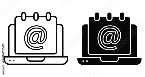 Laptop computer with calendar and email at symbol icon set for digital scheduling online communication business planning and web management