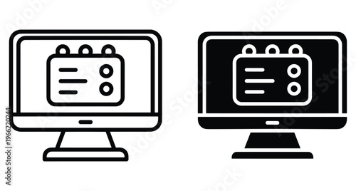 Computer monitor icon showing calendar schedule interface for online planning and digital time management in outline and solid black styles