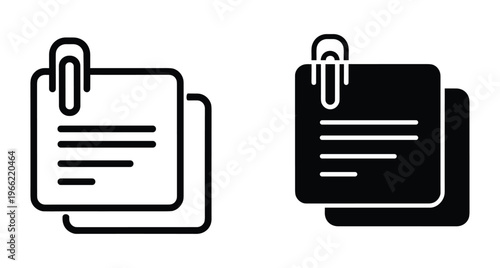 Paper note icon set with paperclip attachment for office documentation business organization memo reminder task management list and stationery supplies