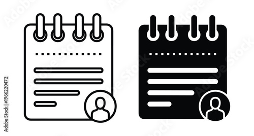 Calendar notebook icon set with user profile symbol for schedule management appointment planning contact list organizer and personal agenda tracking