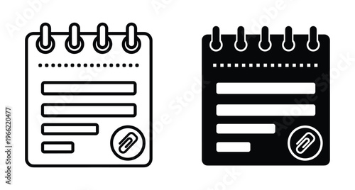 Notepad icon set with spiral binding paperclip and text lines in outline and solid black styles for office business organization