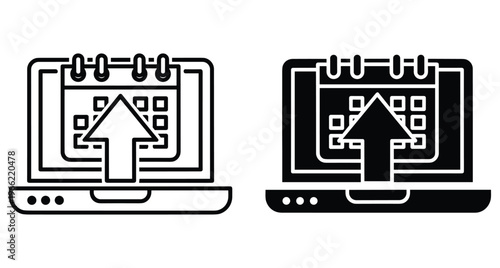 Laptop computer with calendar and arrow icon representing online scheduling digital planning software update event management and time tracking system