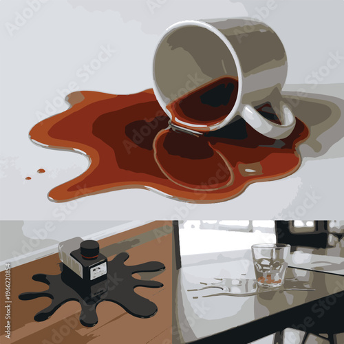 Spilled coffee and ink on table and floor from fallen cups.