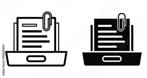 Document tray icon set with paper and paperclip for office organization file management storage system business workflow and administrative tasks