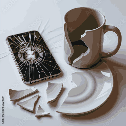Broken smartphone and shattered ceramic mug on white floor surface as.