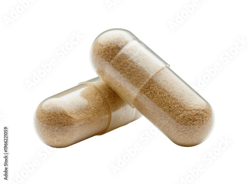 Quadro su tela Isolated two clear capsules filled with brown granular powder, dietary supplemen