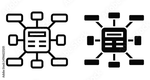 Sitemap flowchart icon set showing central website page connected to multiple subpages for navigation planning and information architecture design
