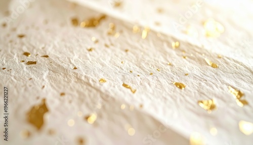 Primo piano di carta artigianale ruvida con delicate scaglie dorate sparse, texture di lusso e sfondo luminoso.
