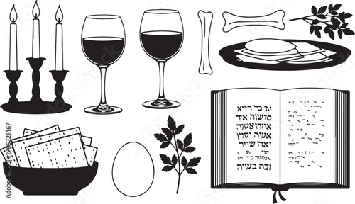 Passover icons set with various religious and ceremonial objects.
