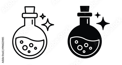 Magic potion bottle icons with liquid bubbles and sparkles in outline and solid black styles for fantasy game design elements
