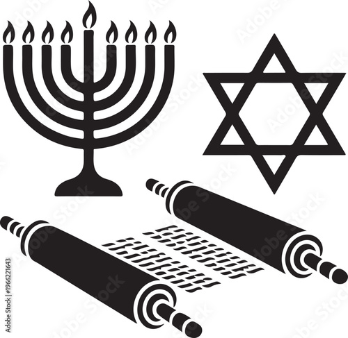 Passover symbols menorah Star of David scrolls.
