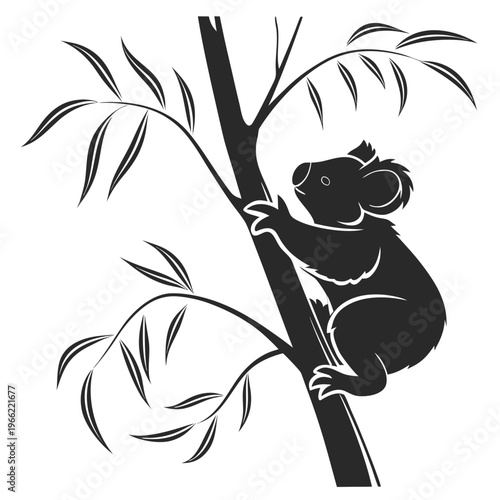 Silhouette of a koala clinging to a tree branch Image vector isolated on white background.
