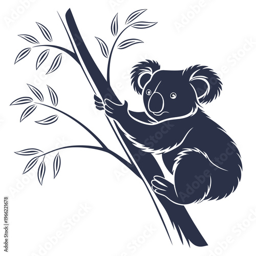 Silhouette of a koala clinging to a tree branch Image vector isolated on white background.