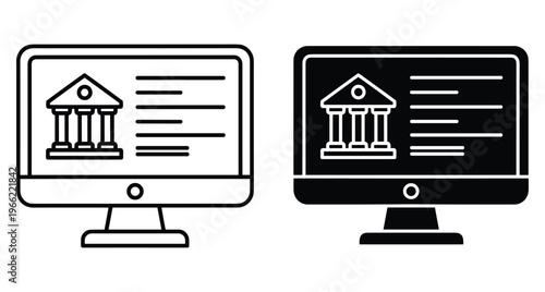 Online banking and digital finance icons on computer monitor screens showing bank building symbol for internet transactions and electronic government services