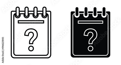 Calendar icon with question mark symbol representing unknown date or appointment scheduling uncertainty in outline and solid black vector style