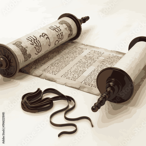 Ancient hebrew scroll with sacred writing and ritual straps on surface.